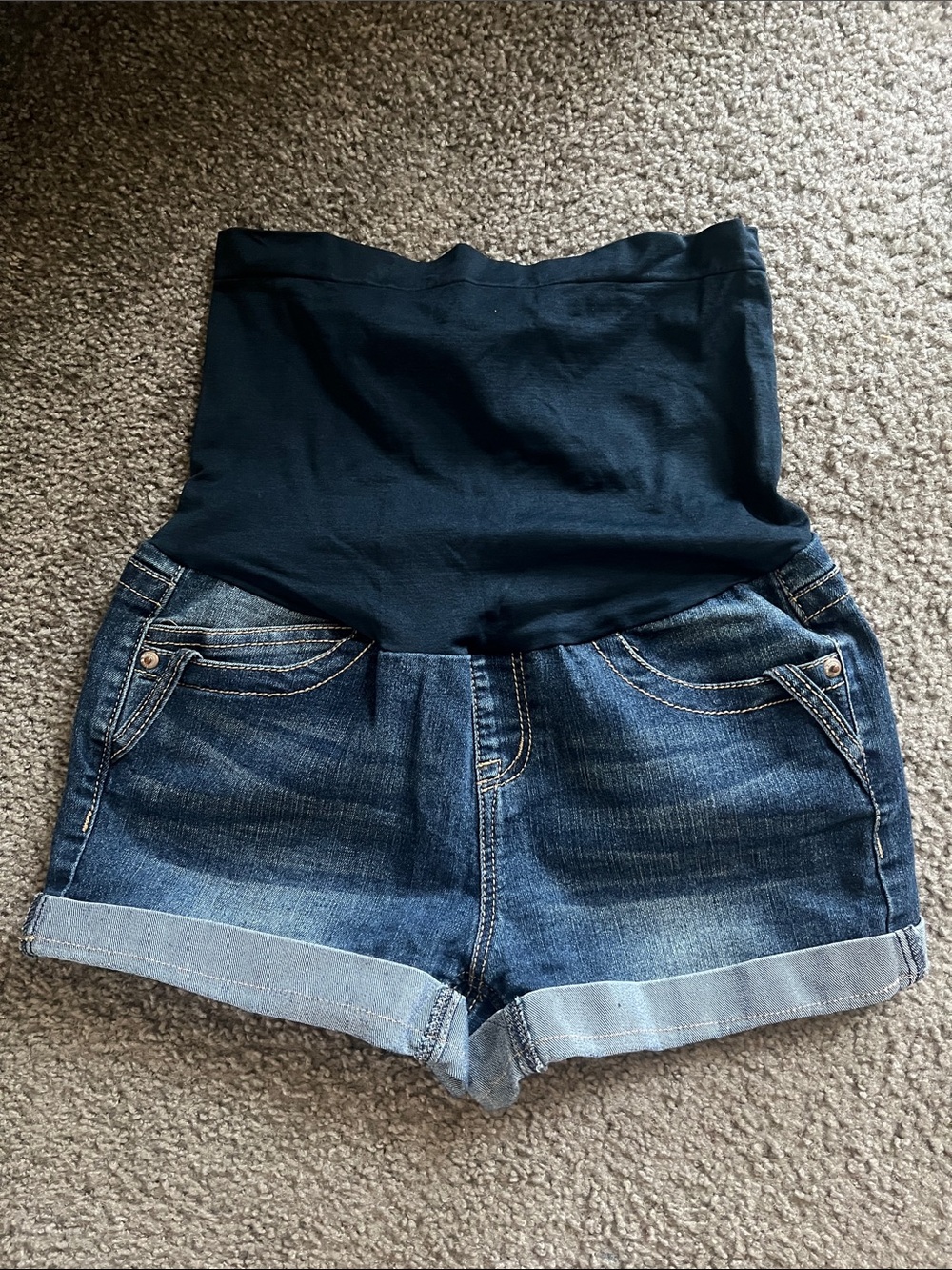 Maternity Denim Shorts with Navy Waistband - Women's Shorts